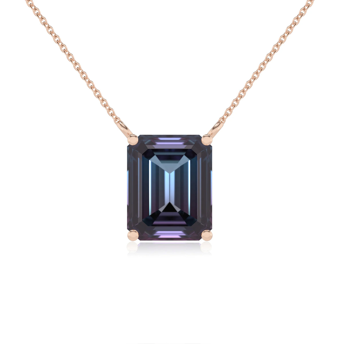 lab grown alexandrite emerald cut solitaire necklaces in rose gold 