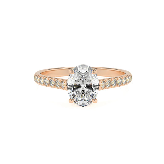 lab grown moissanite oval half eternity solitaire engagement rings in rose gold 