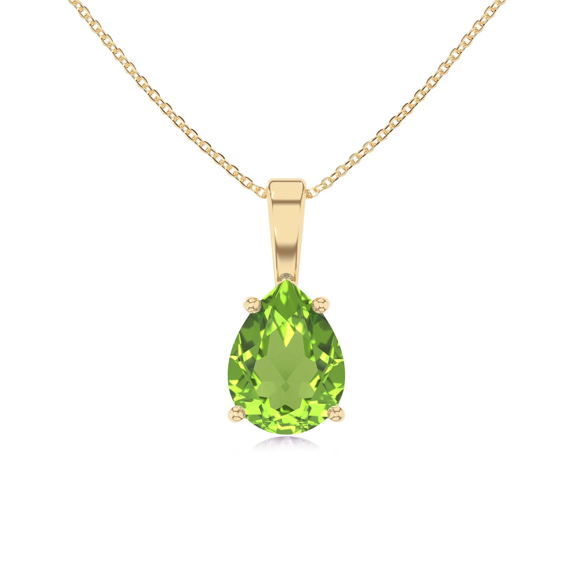 natural peridot pear solitaire necklaces in yellow gold 