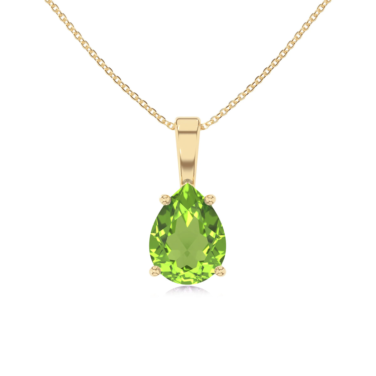 natural peridot pear solitaire necklaces in yellow gold 