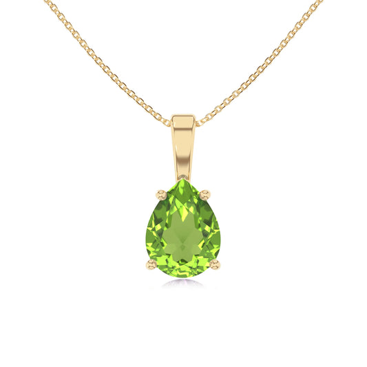 natural peridot pear solitaire necklaces in yellow gold 