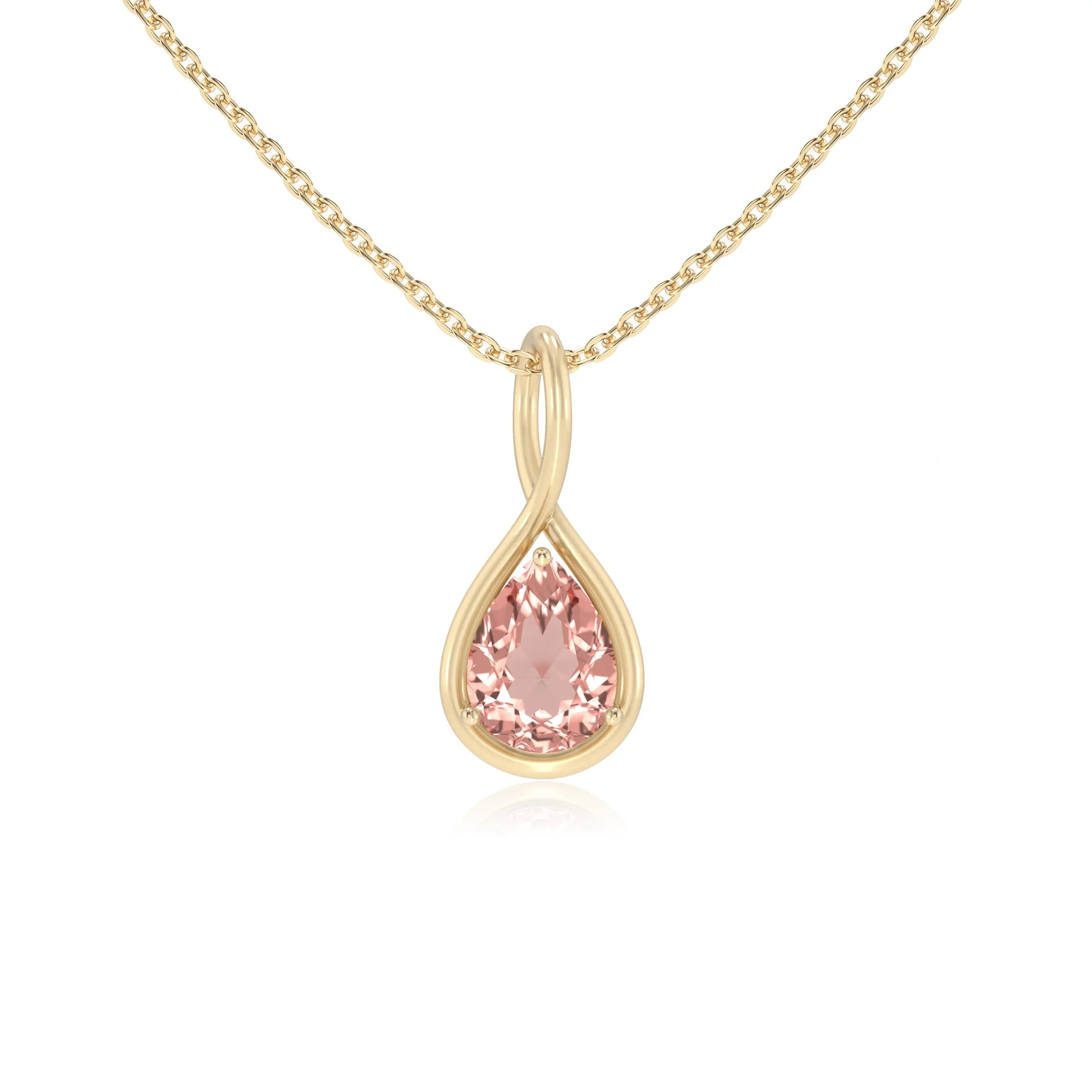 lab grown morganite pear solitaire necklaces in yellow gold 