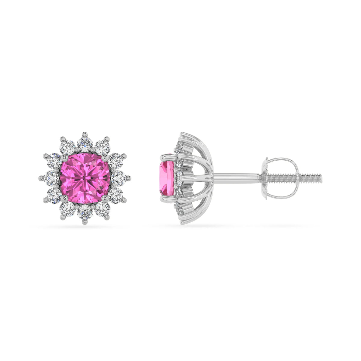 lab grown pink sapphire cushion stud earrings in white gold 