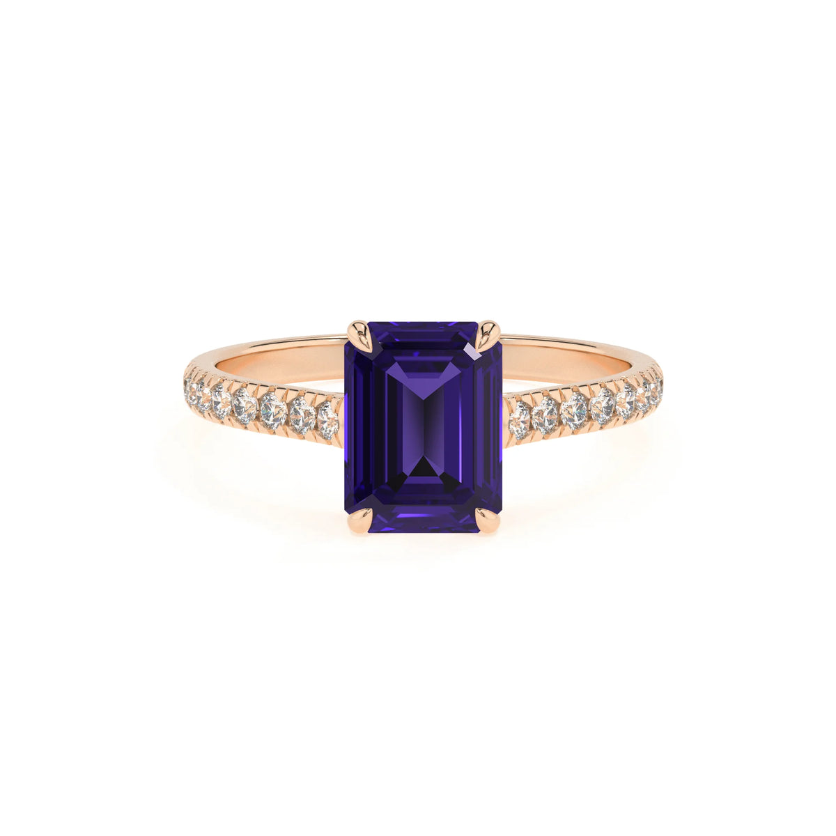lab grown tanzanite emerald cut half eternity solitaire engagement rings in rose gold 