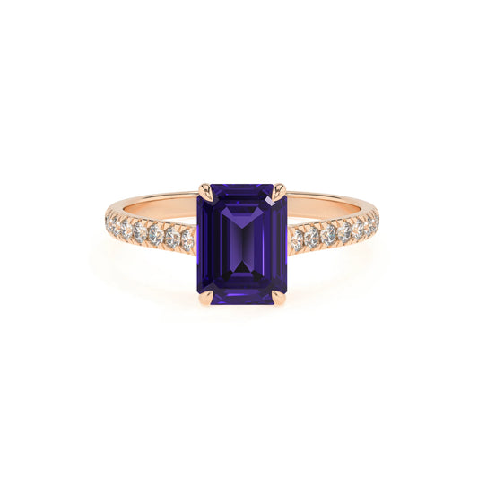 lab grown tanzanite emerald cut half eternity solitaire engagement rings in rose gold 