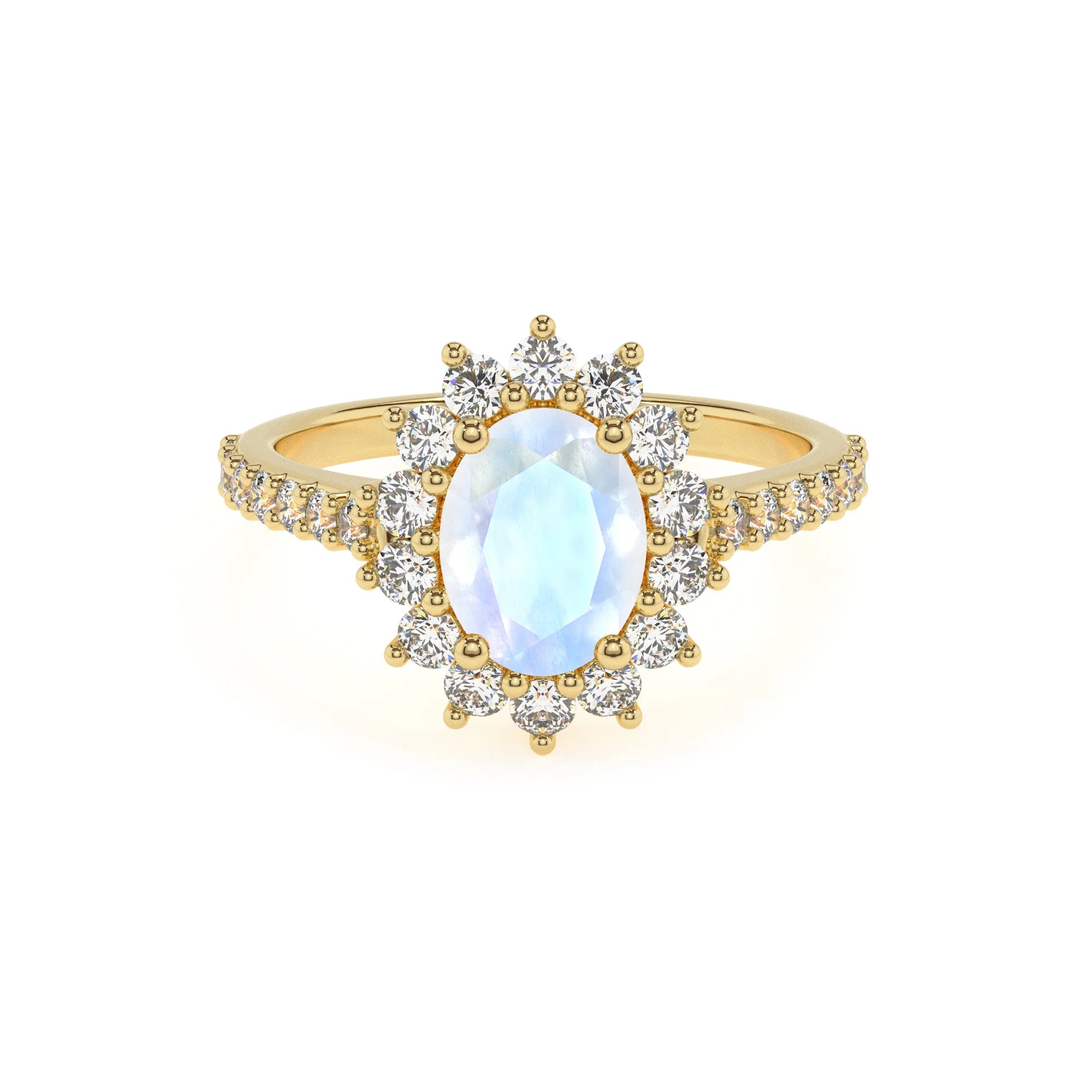 natural rainbow-moonstone oval solitaire rings in yellow gold 