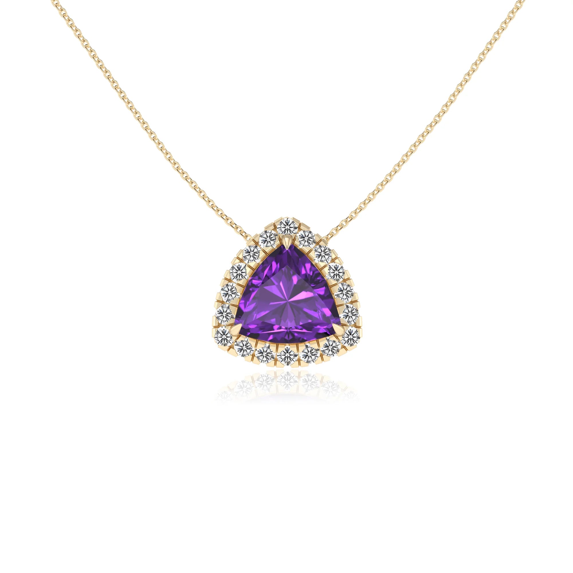 lab grown amethyst trillion solitaire necklaces in yellow gold 