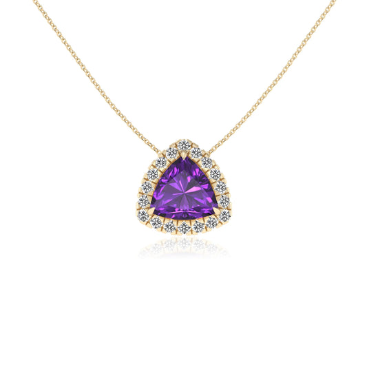 lab grown amethyst trillion solitaire necklaces in yellow gold 