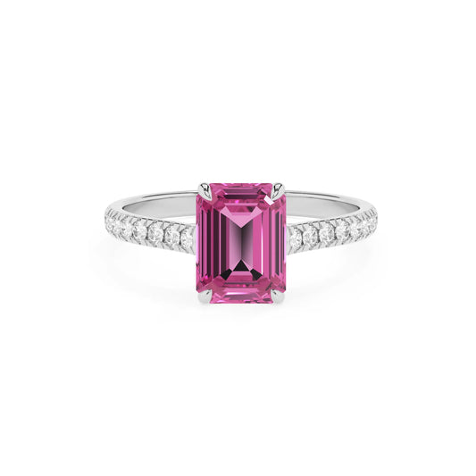 lab grown pink-sapphire emerald cut half eternity solitaire engagement rings in sterling silver 