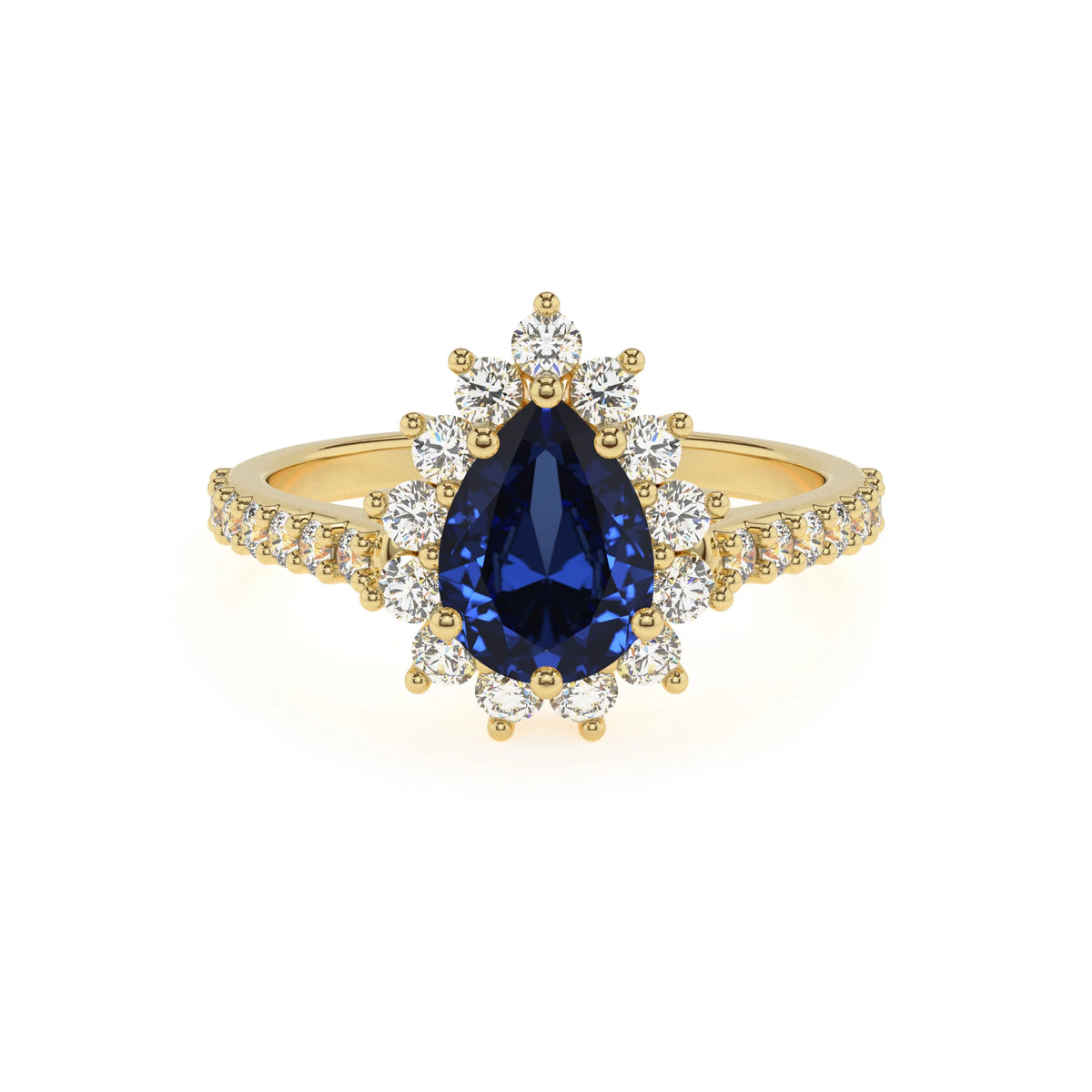 lab grown blue-sapphire pear solitaire rings in yellow gold 