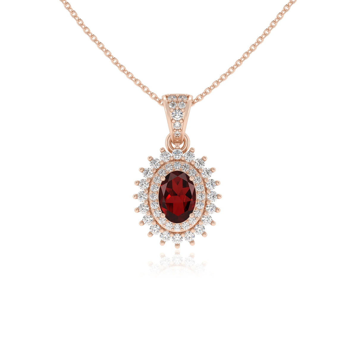 natural garnet oval halo necklaces in rose gold 