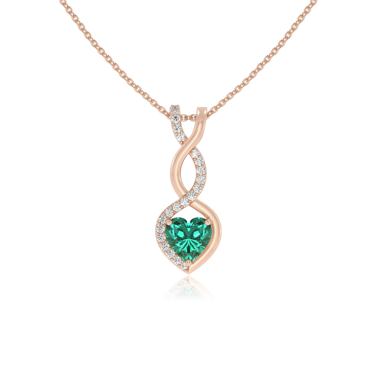 lab grown emerald heart infinity necklaces in rose gold 