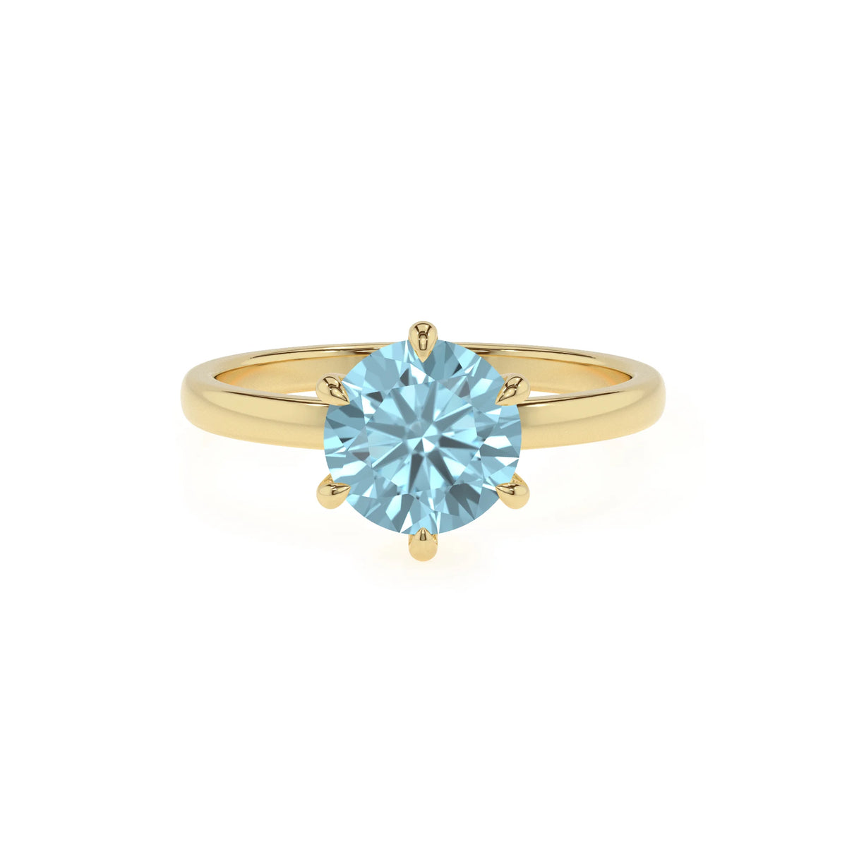 lab grown aquamarine round solitaire rings in yellow gold 