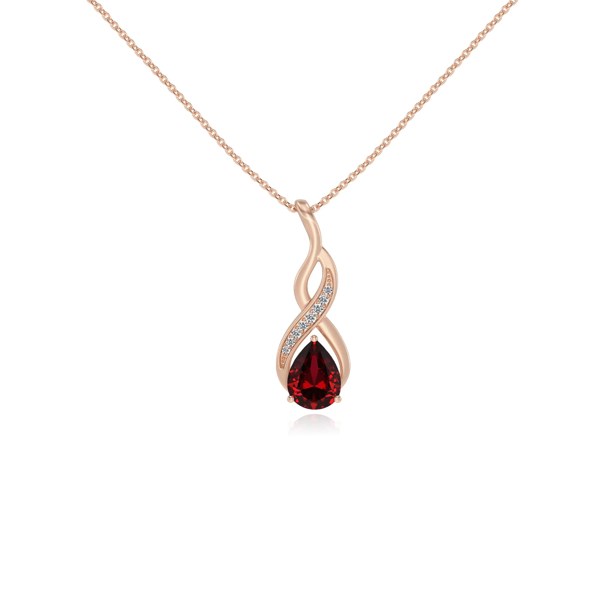 lab grown ruby pear solitaire necklaces in rose gold 