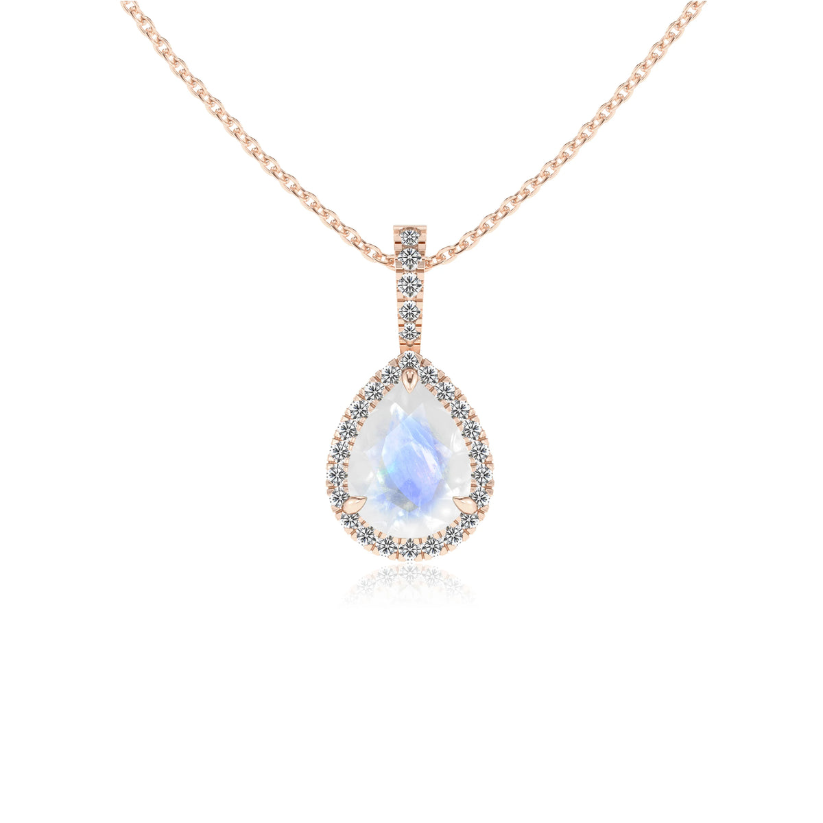 natural rainbow-moonstone pear solitaire necklaces in rose gold 