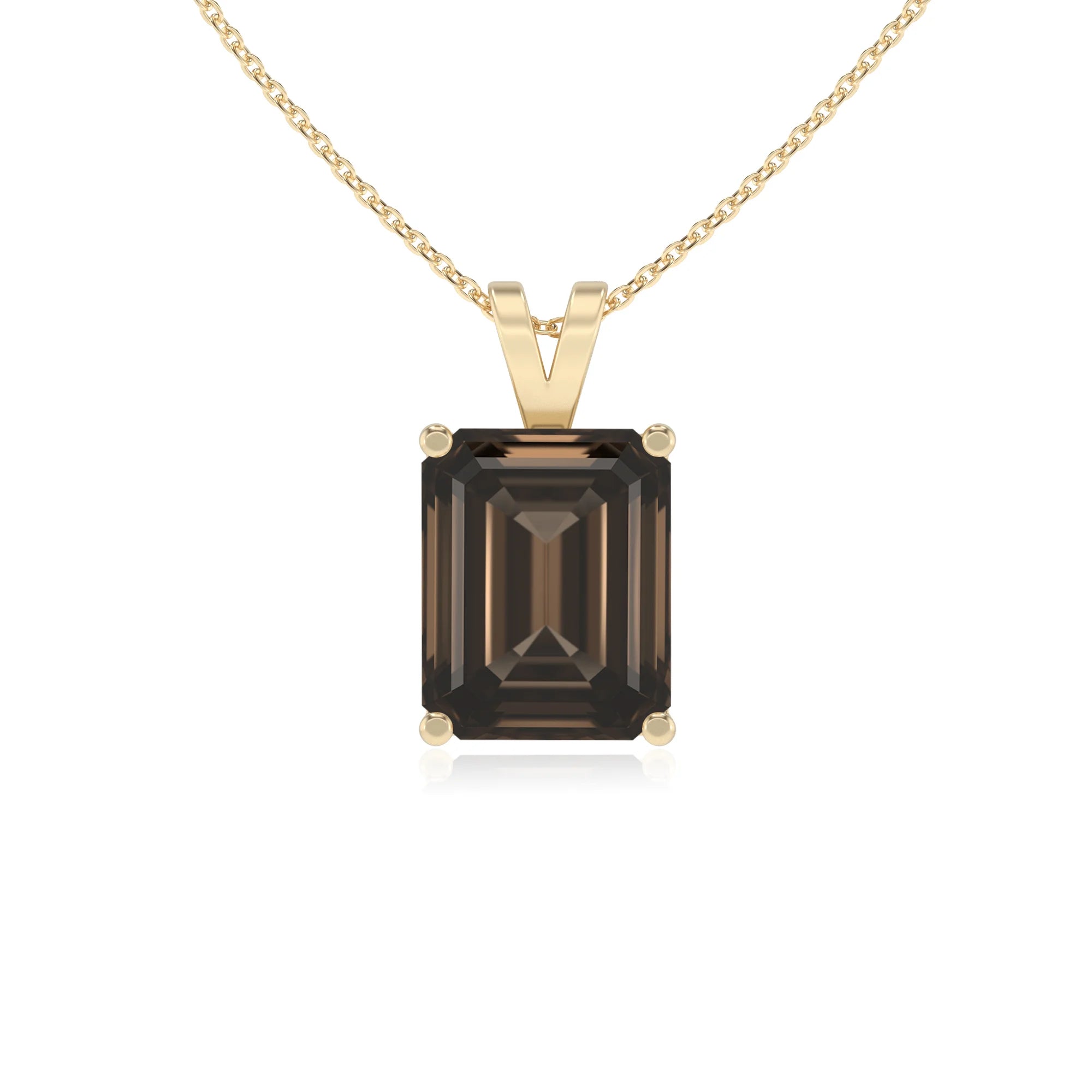 natural smoky-quartz emerald cut solitaire v-bale necklaces in yellow gold 