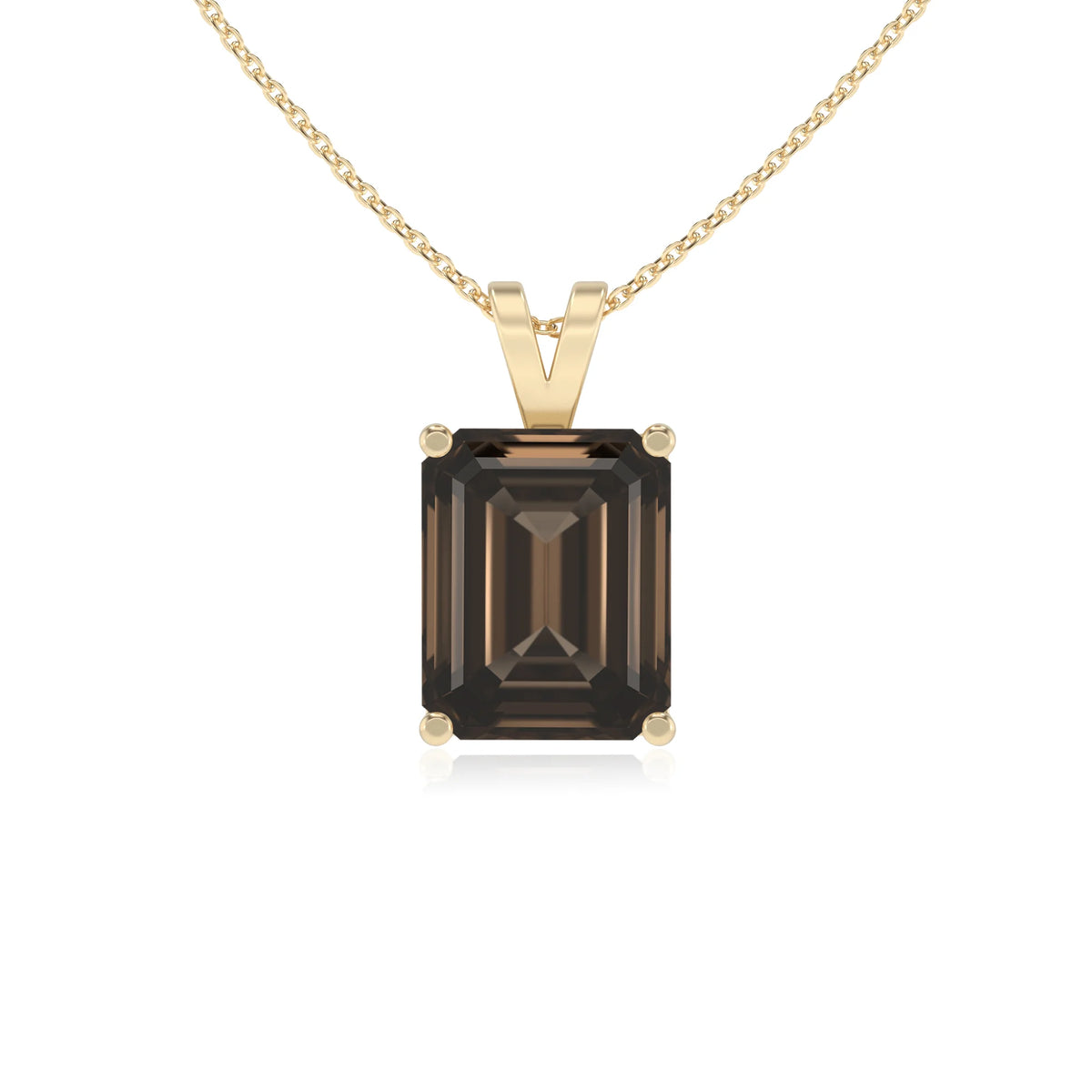 natural smoky-quartz emerald cut solitaire v-bale necklaces in yellow gold 
