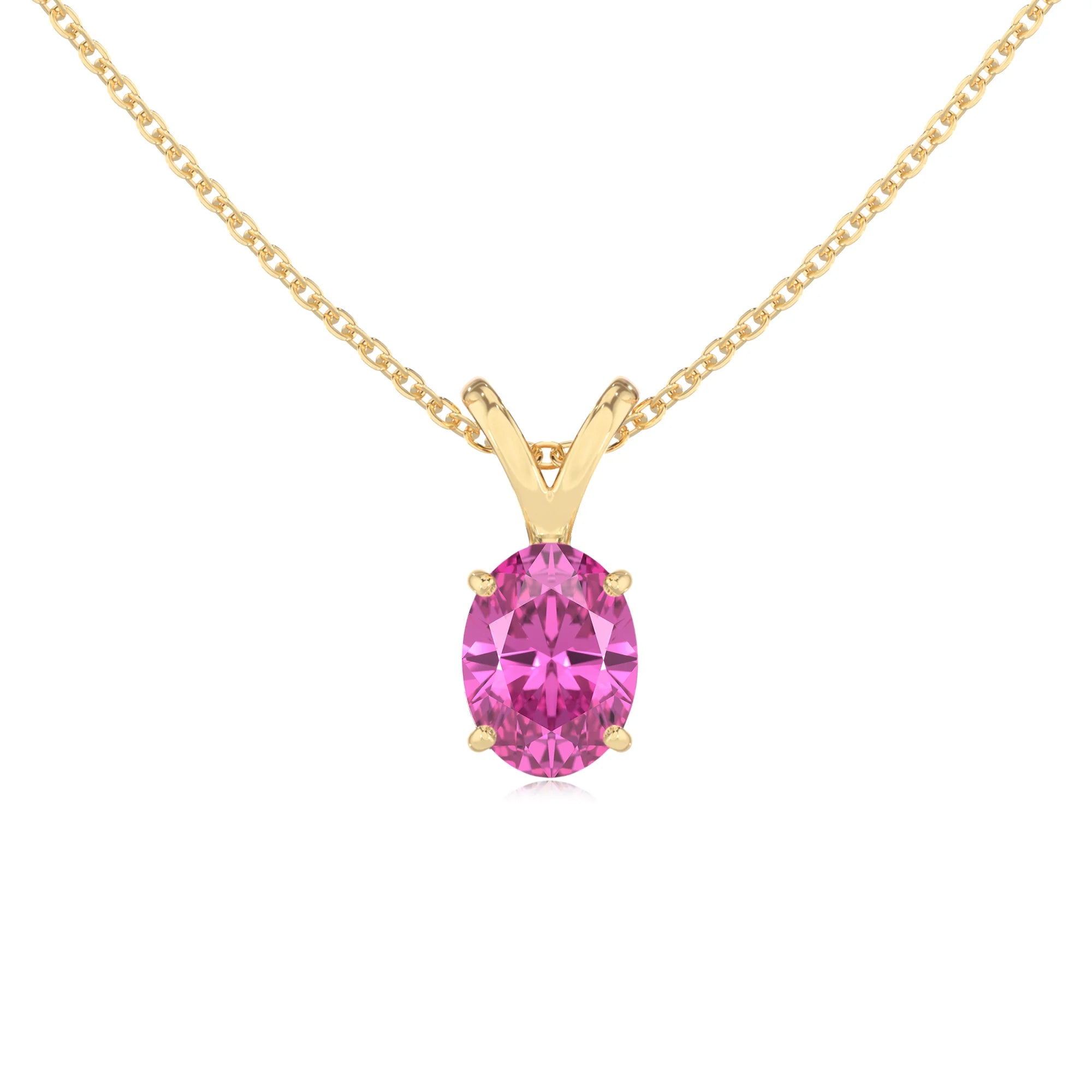 lab grown pink-sapphire oval solitaire v-bale necklaces in yellow gold 