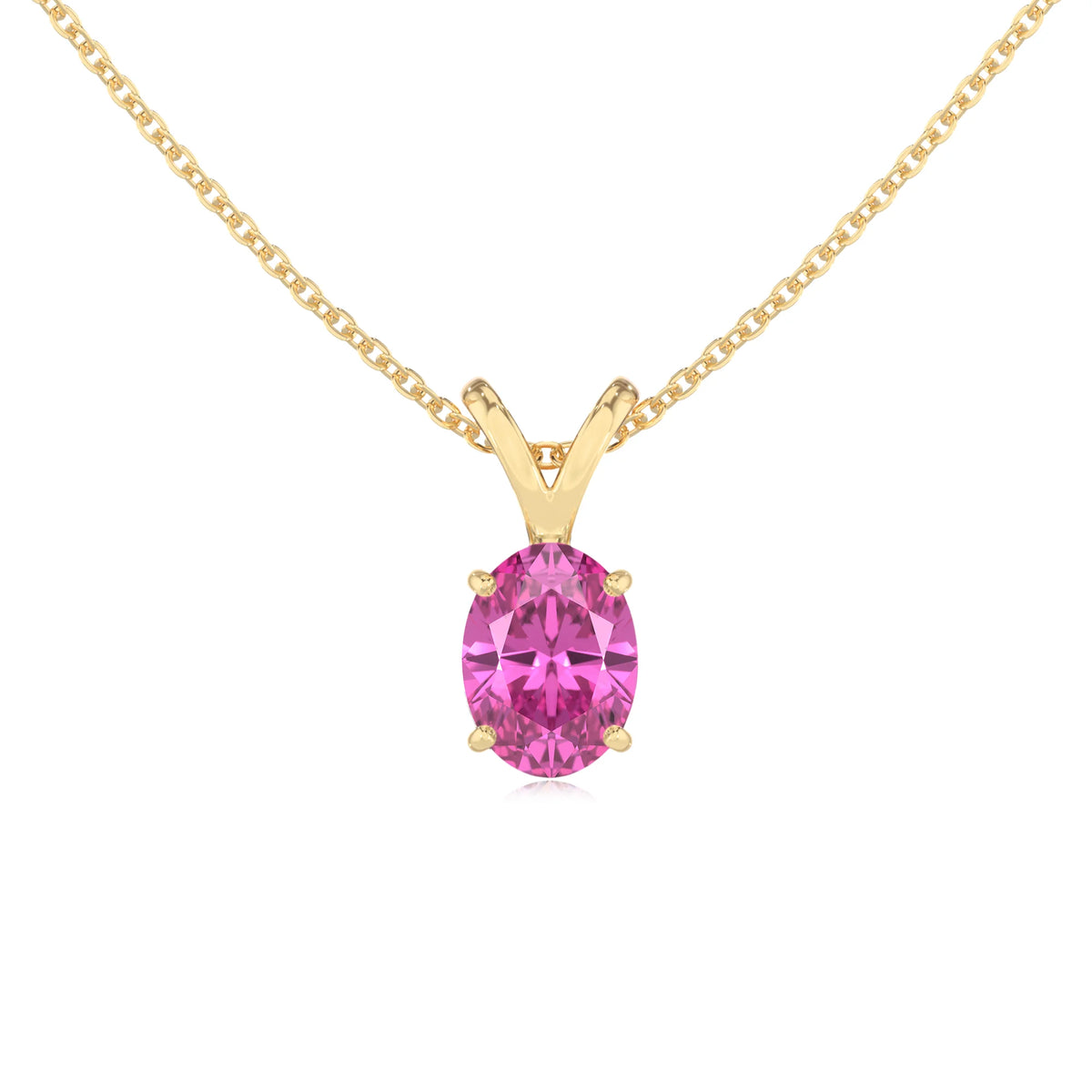 lab grown pink-sapphire oval solitaire v-bale necklaces in yellow gold 