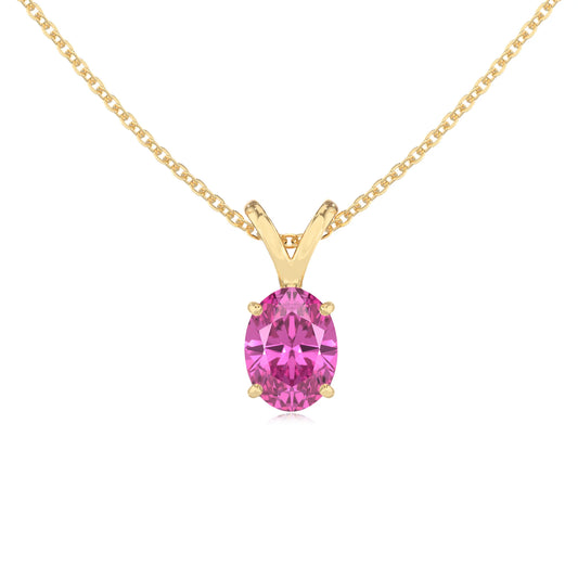 lab grown pink-sapphire oval solitaire v-bale necklaces in yellow gold 