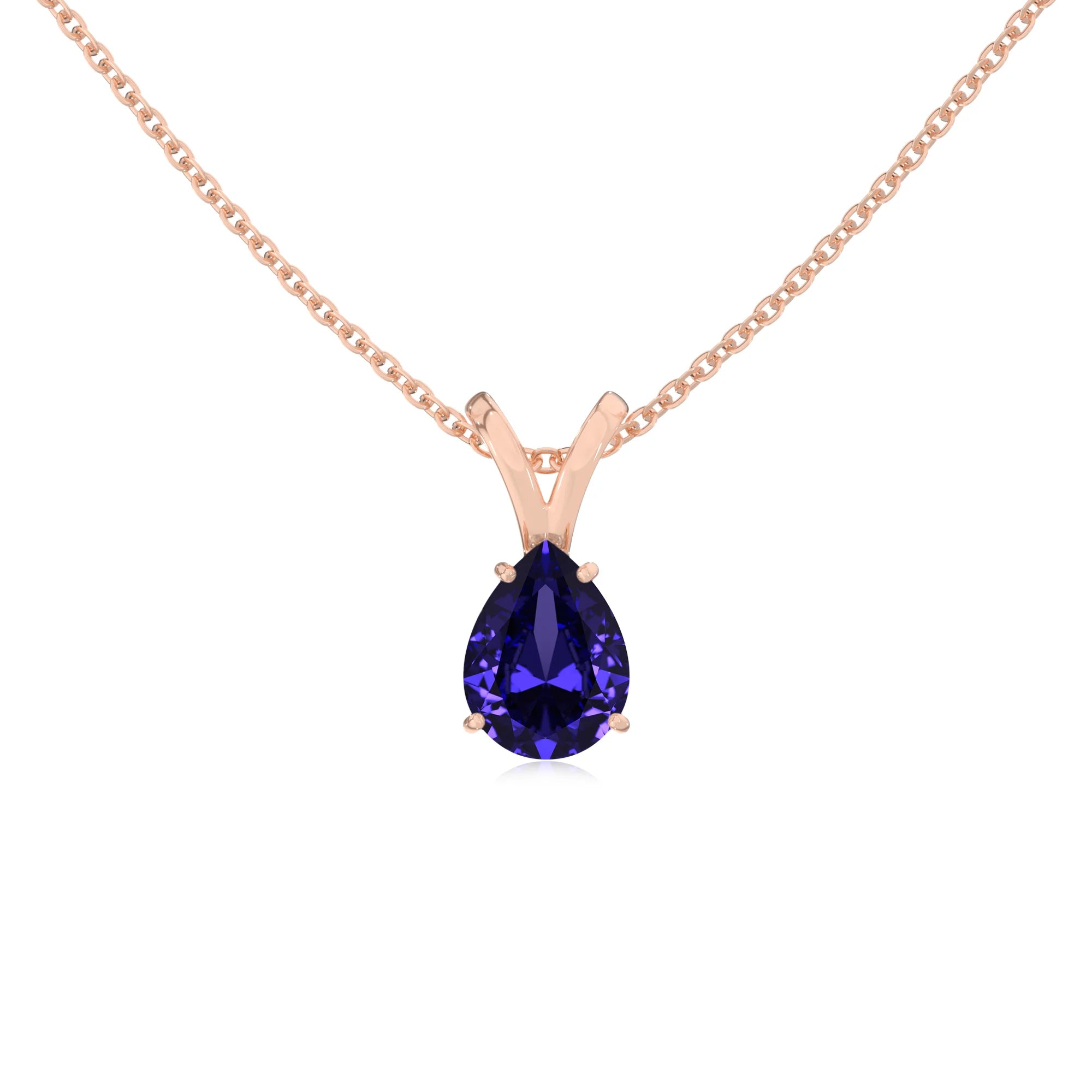 lab grown tanzanite pear solitaire v-bale necklaces in rose gold 
