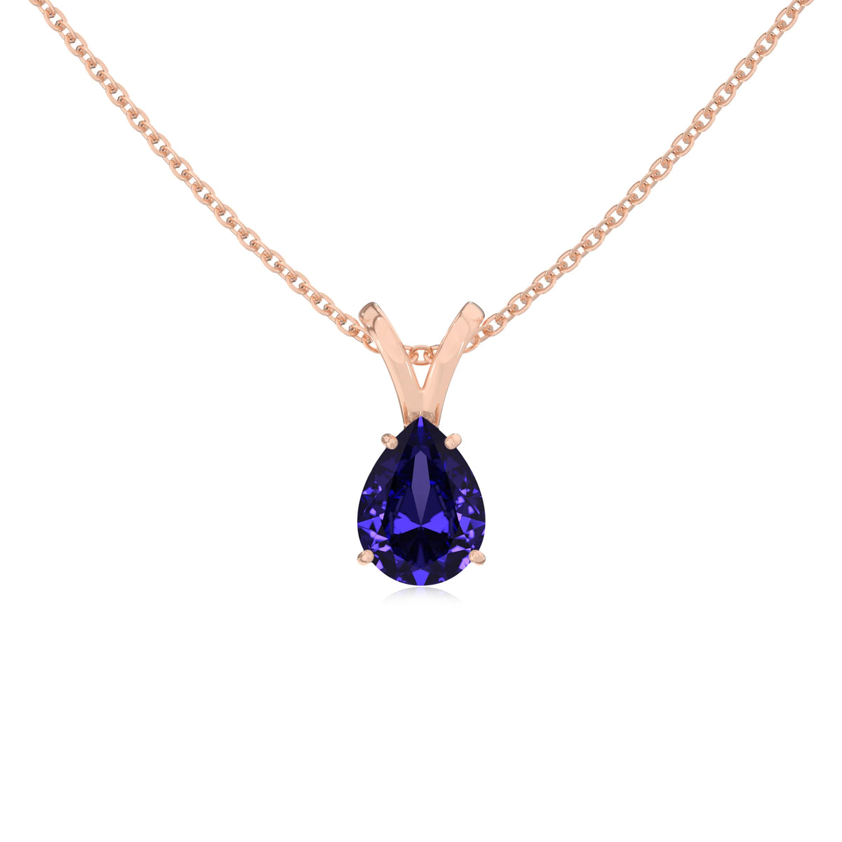 lab grown tanzanite pear solitaire v-bale necklaces in rose gold 