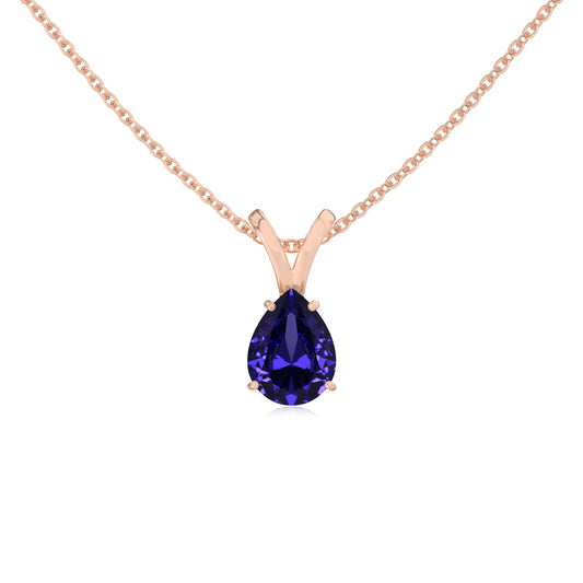 lab grown tanzanite pear solitaire v-bale necklaces in rose gold 