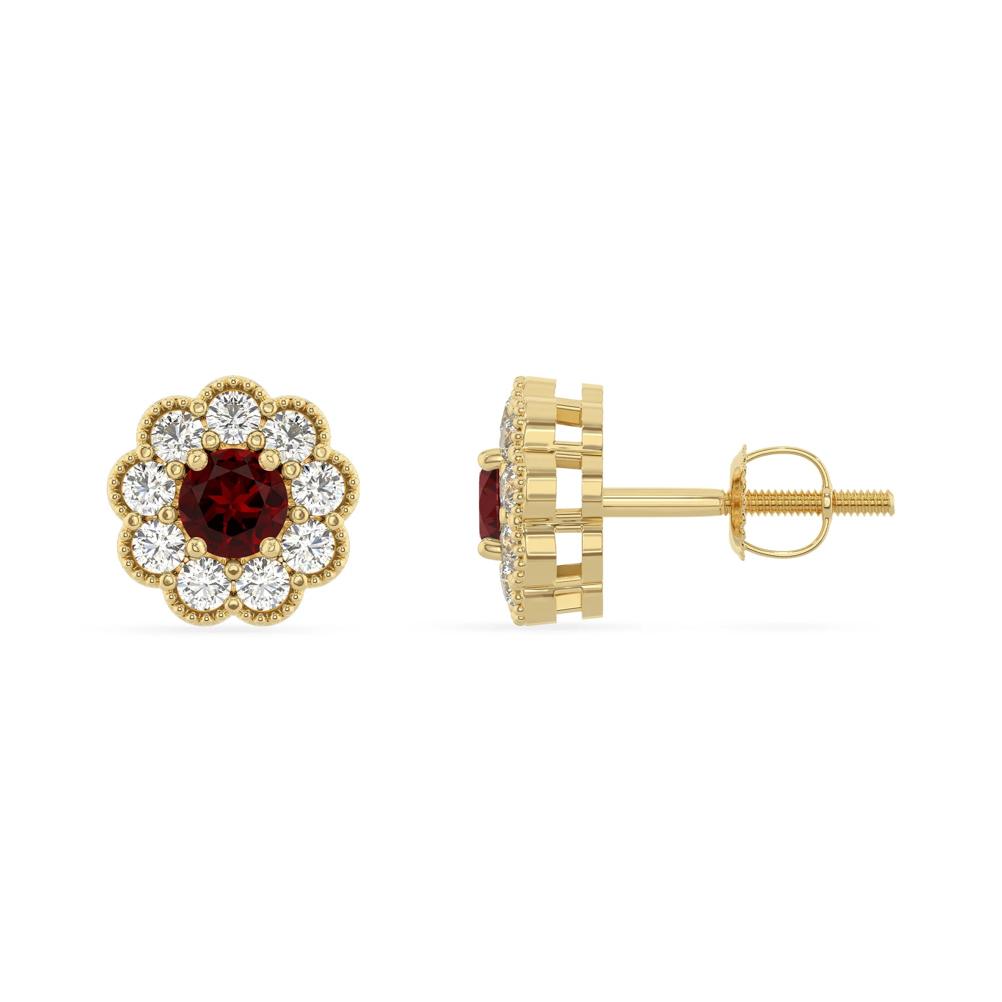 natural garnet round stud earrings in yellow gold 