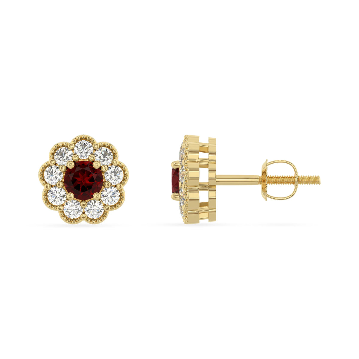 natural garnet round stud earrings in yellow gold 