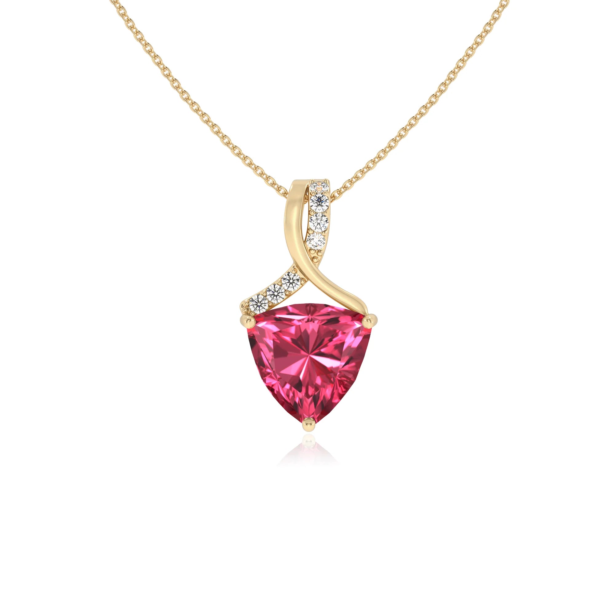 lab grown pink-tourmaline trillion solitaire necklaces in yellow gold 