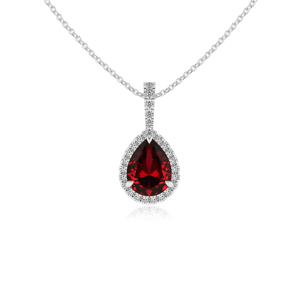 lab grown ruby pear solitaire necklaces in white gold 