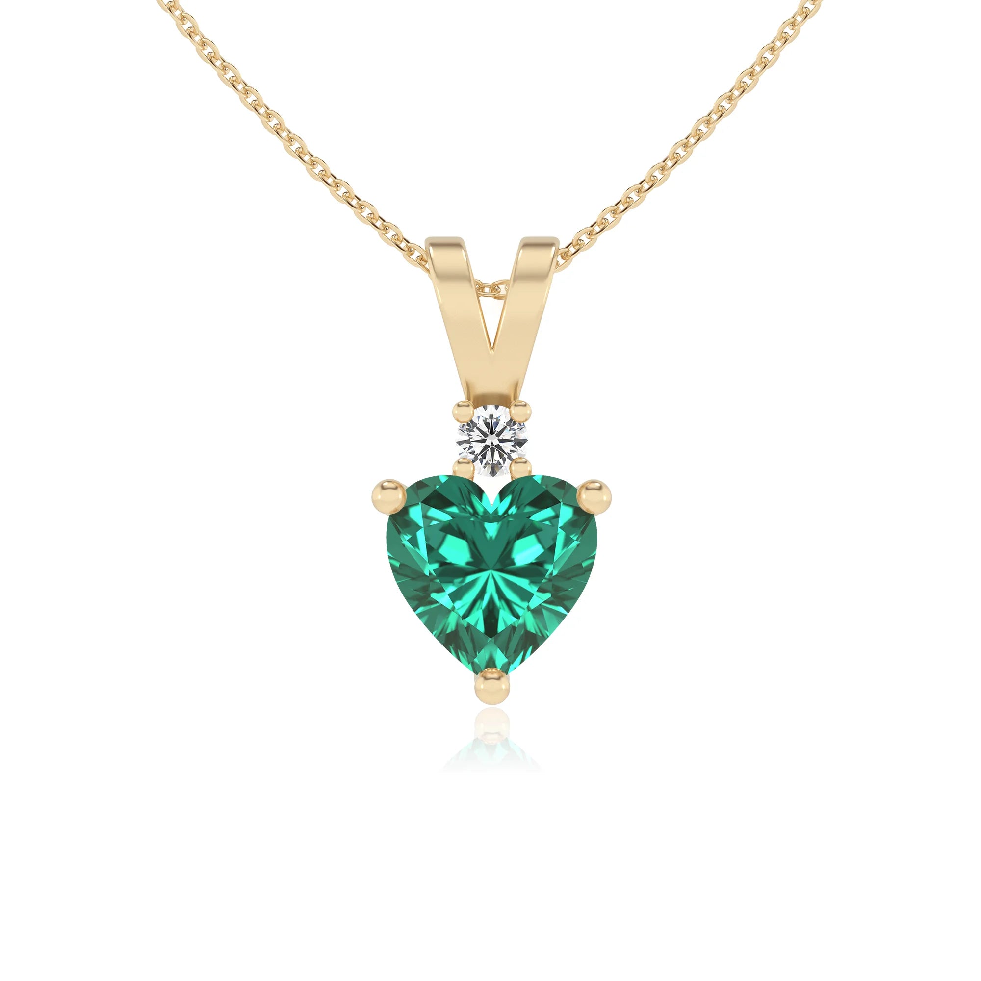 lab grown emerald heart solitaire v-bale necklaces in yellow gold 