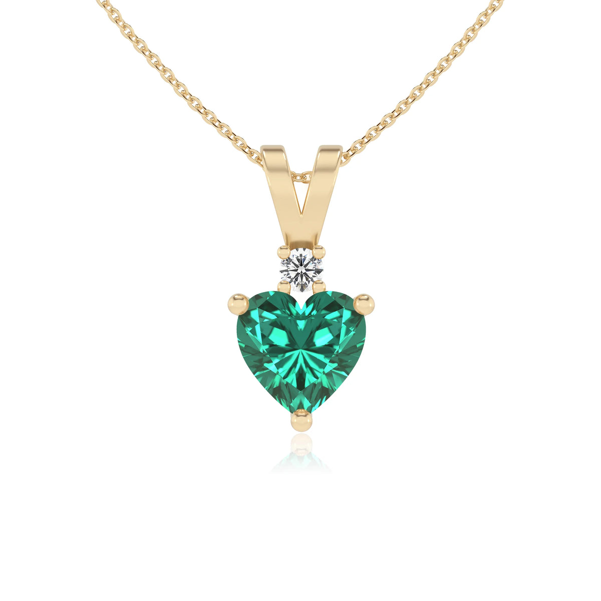 lab grown emerald heart solitaire v-bale necklaces in yellow gold 