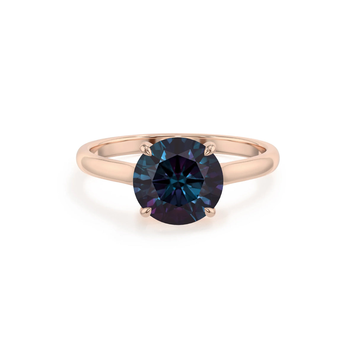 lab grown alexandrite round solitaire rings in rose gold 