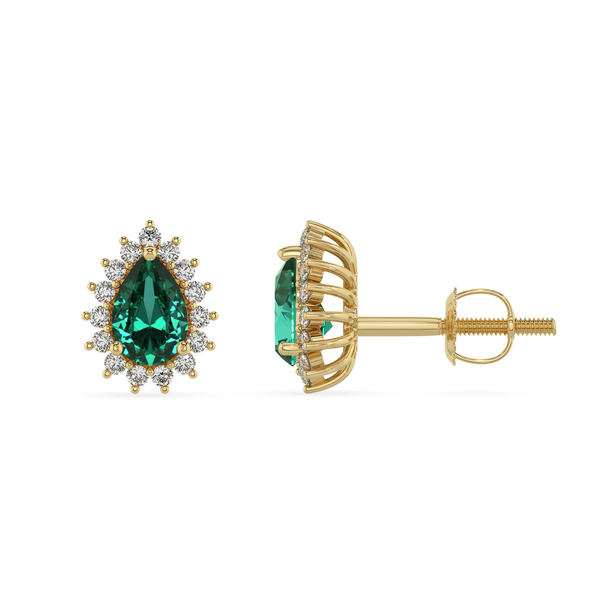 lab grown emerald pear stud earrings in yellow gold 