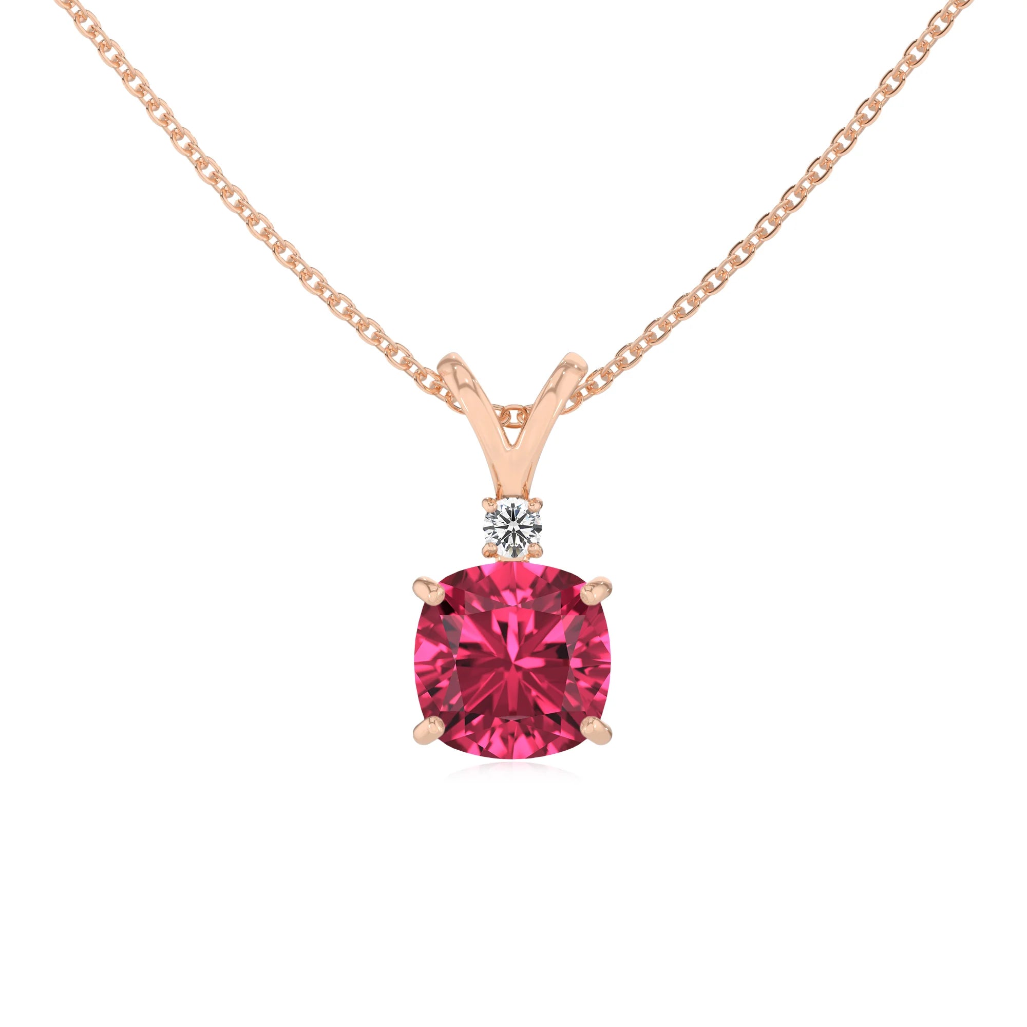 lab grown pink-tourmaline cushion solitaire v-bale necklaces in rose gold 