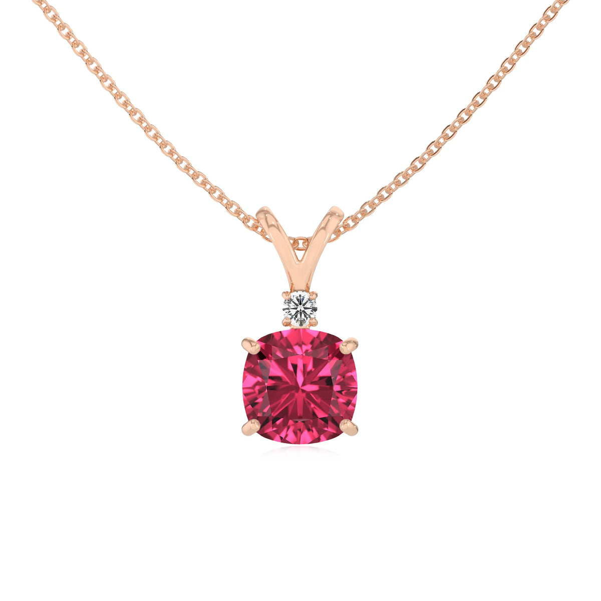 lab grown pink-tourmaline cushion solitaire v-bale necklaces in rose gold 