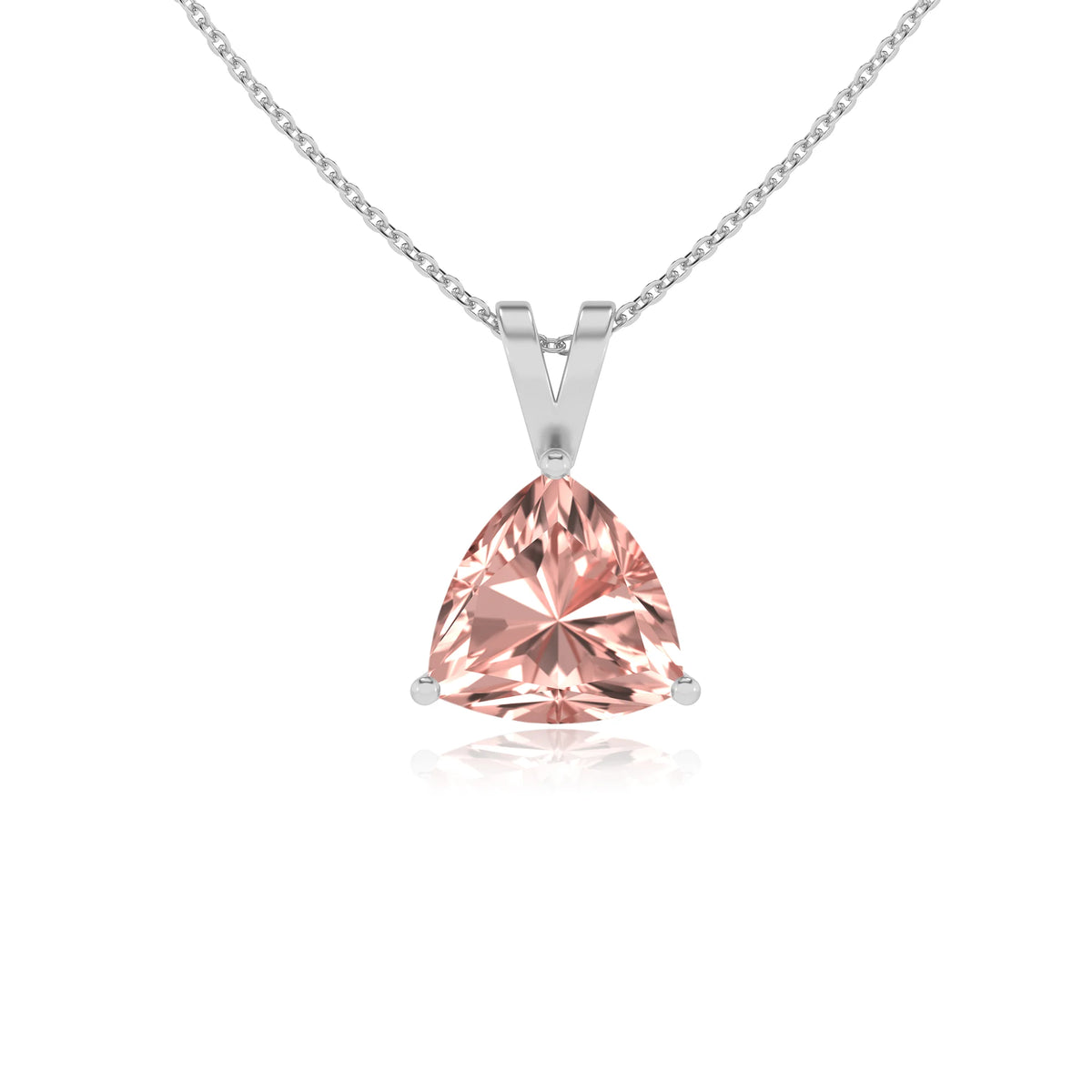 lab grown morganite trillion solitaire v-bale necklaces in sterling silver 