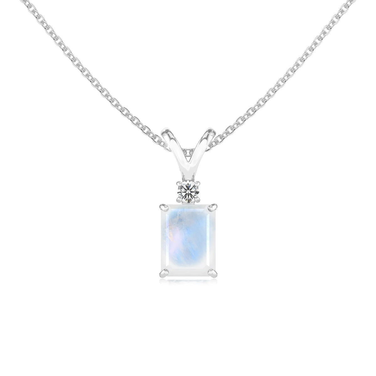natural rainbow-moonstone emerald cut solitaire v-bale necklaces in sterling silver 