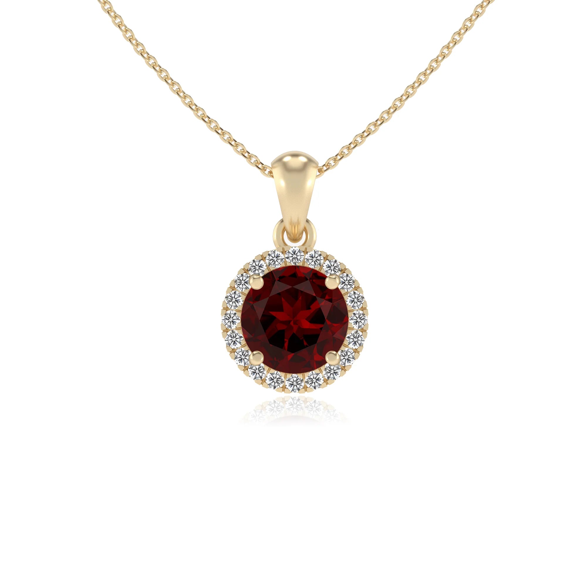 natural garnet round solitaire necklaces in yellow gold 