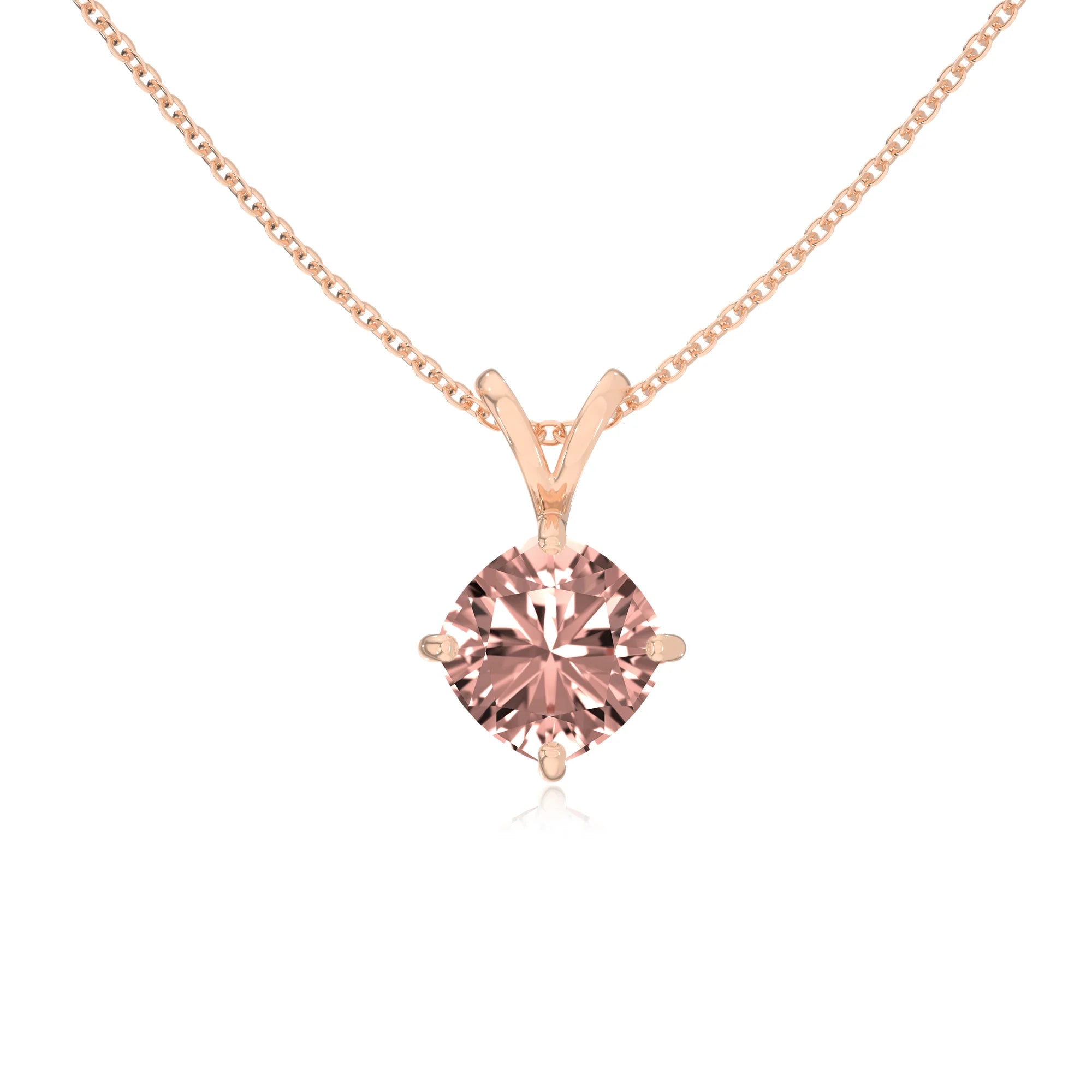 lab grown morganite cushion solitaire v-bale necklaces in rose gold 