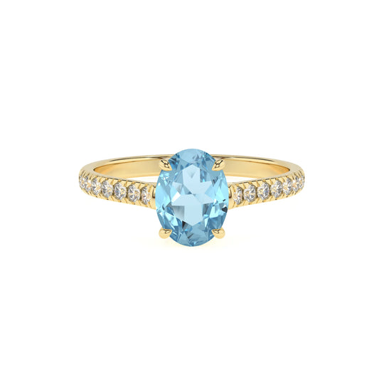 lab grown aquamarine oval half eternity solitaire engagement rings in yellow gold 