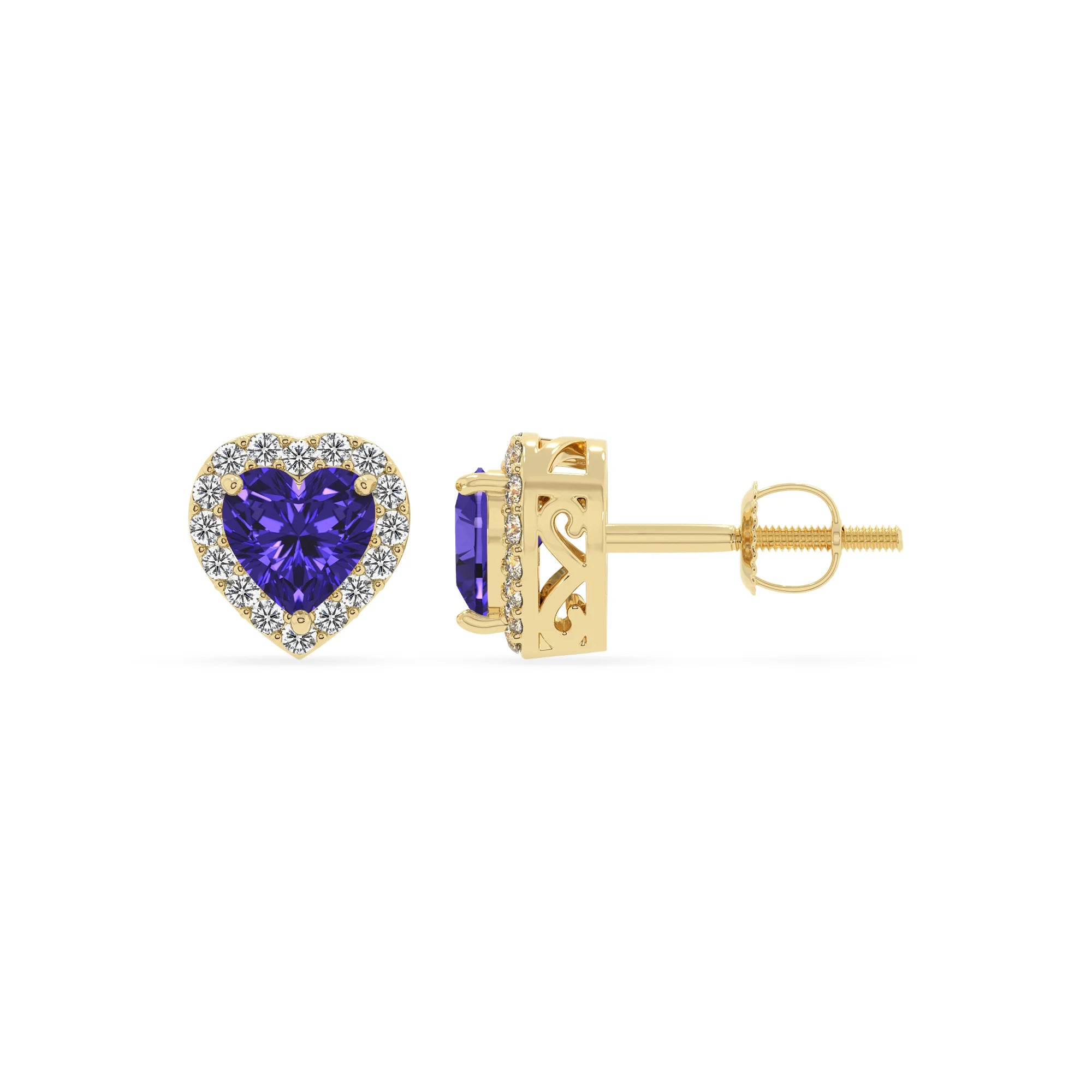 lab grown tanzanite heart stud earrings in yellow gold 