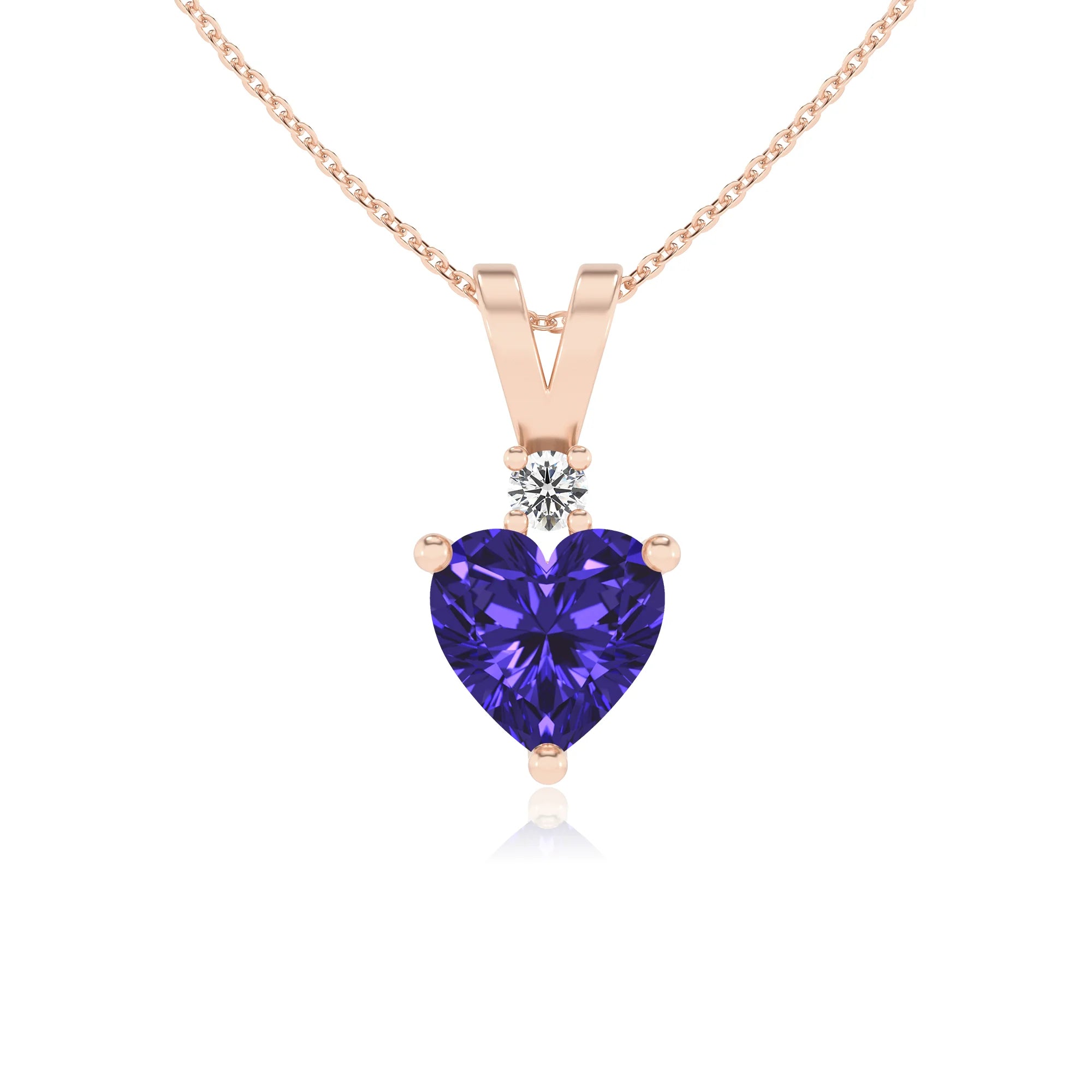 lab grown tanzanite heart solitaire v-bale necklaces in rose gold 
