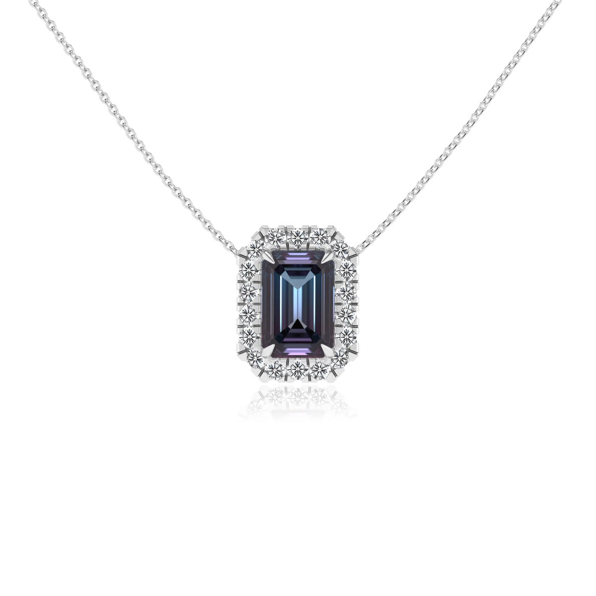 lab grown alexandrite emerald cut solitaire necklaces in white gold 