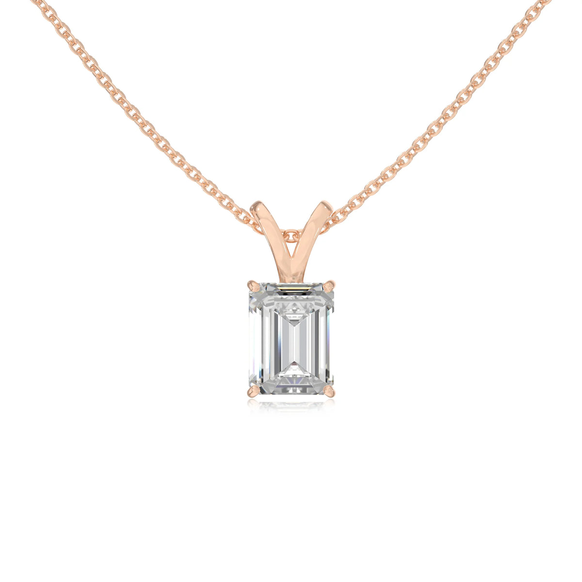 lab grown moissanite emerald cut solitaire v-bale necklaces in rose gold 