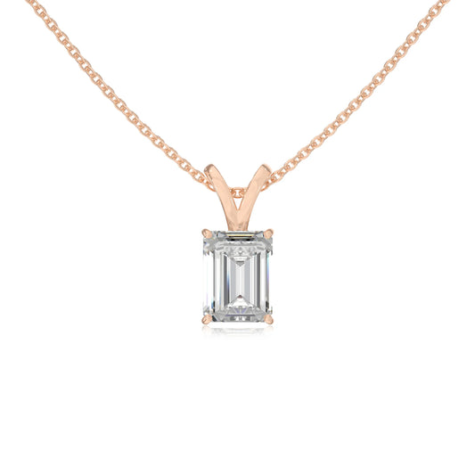 lab grown moissanite emerald cut solitaire v-bale necklaces in rose gold 