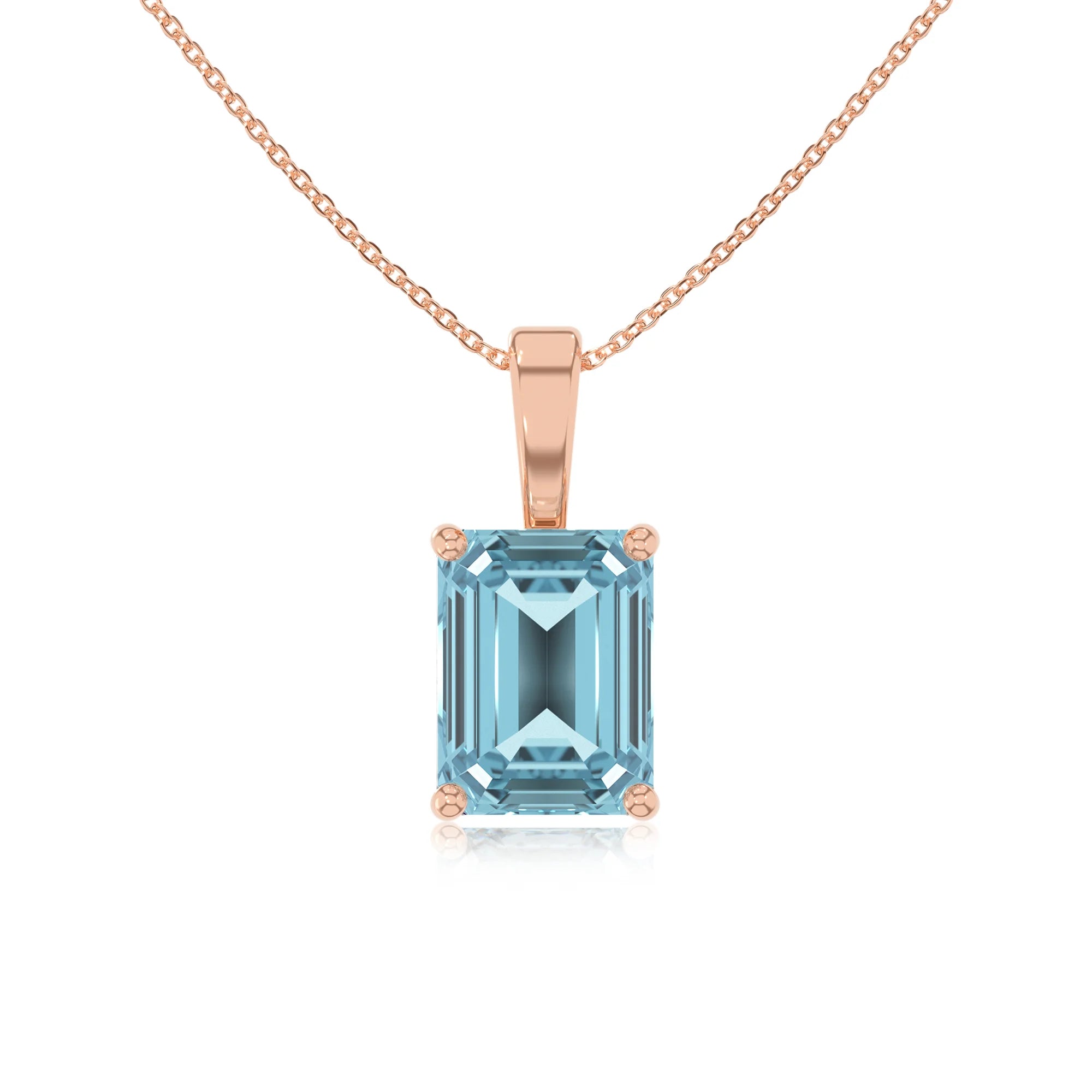 lab grown aquamarine emerald cut solitaire necklaces in rose gold 