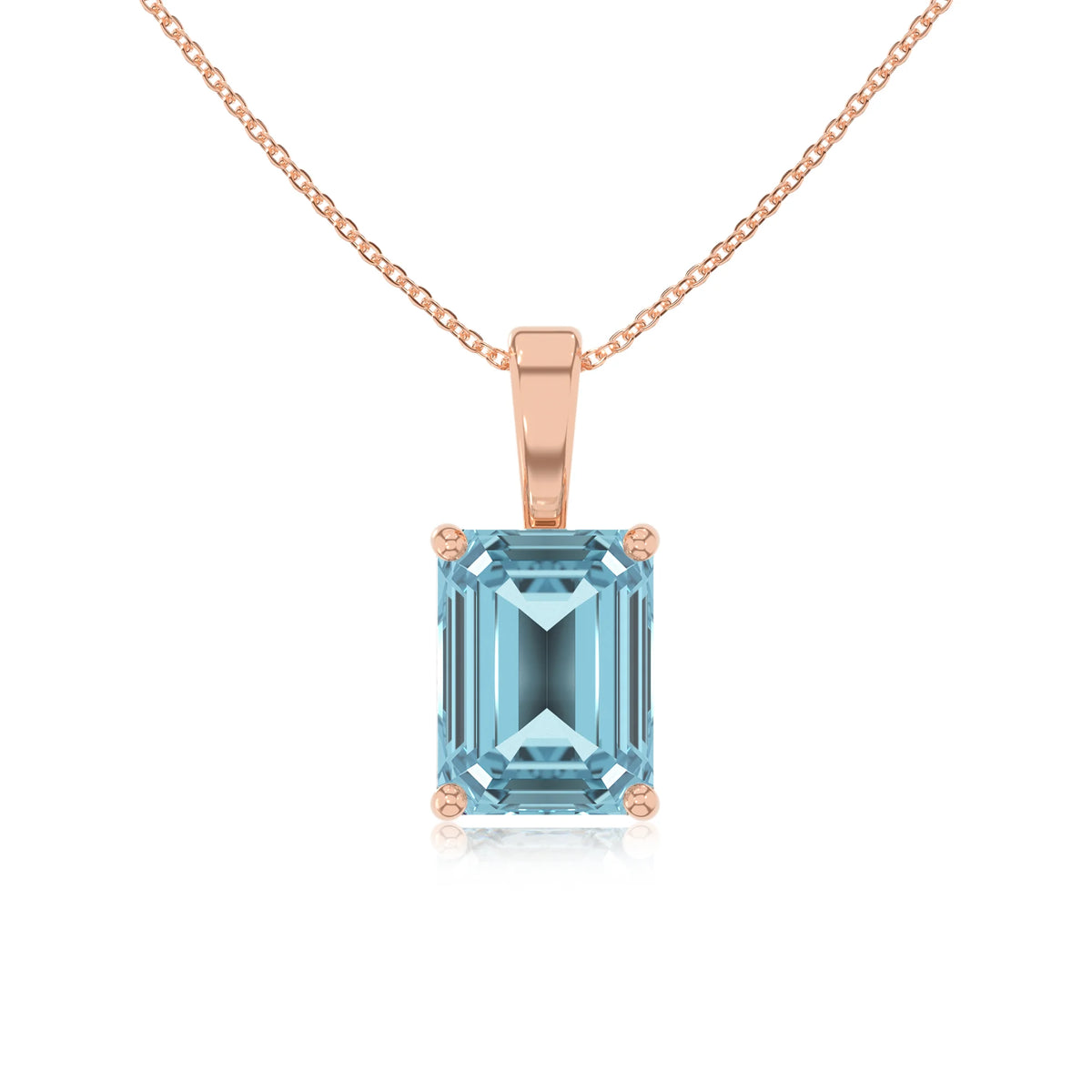 lab grown aquamarine emerald cut solitaire necklaces in rose gold 