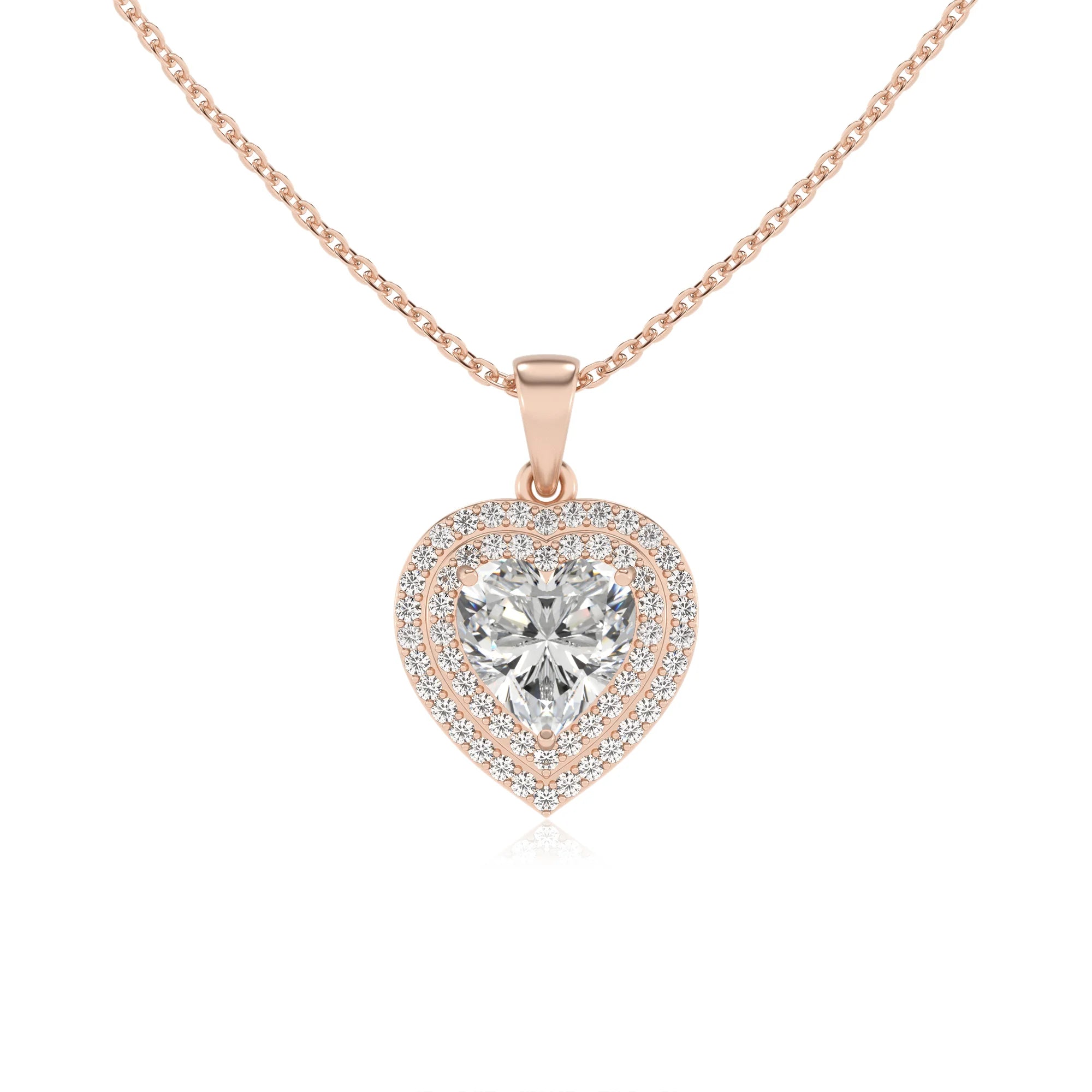 lab grown moissanite heart halo necklaces in rose gold 